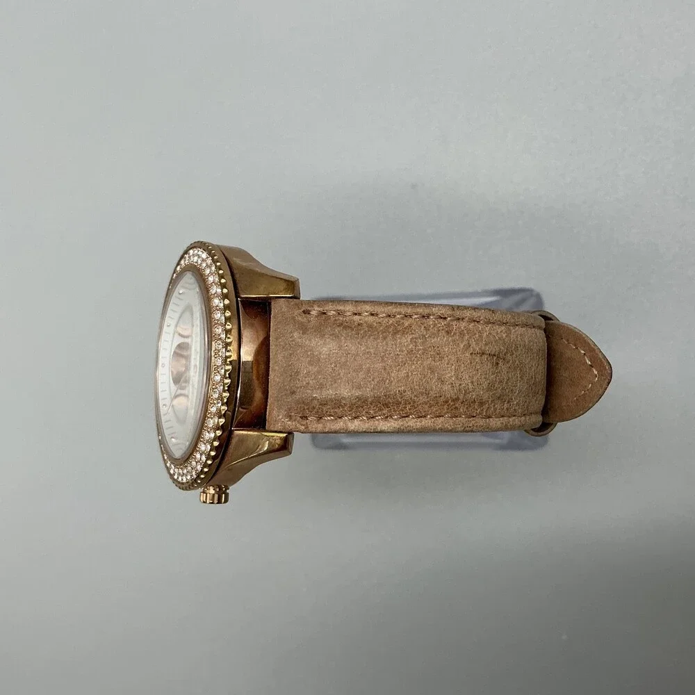 Fossil ES3816 Womens Watch 37mm Silver Tone Crystals Brown Leather New Battery